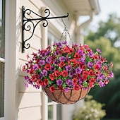 billige Kunstig blomst-kunstige utendørsblomster med hengende kurv, hengende plantersblomster til vårsommer veranda hage uteplass hjemmedekor