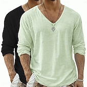  Camiseta de lino para hombre, 2 piezas, manga larga, cuello en V, verano, primavera &Conjunto de 2 piezas liso para verano, color liso, para uso diario, estilo urbano, informal, para exteriores, color