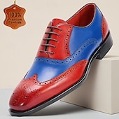 voordelige Klassieke Dress Schoenen-Geklede herenschoenen met vleugelneus van echt leer – premium rundleer, tweekleurig rood en blauw, elegante oxfordstijl, comfortabele formele schoenen voor heren, perfect voor bruiloften, feesten en kantoor.
