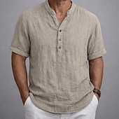 abordables Clásico-Hombre Camisa Camisa de lino Camisa de manga corta Camisa de verano Ropa de playa Henley Shirt Plano Casual Vacaciones Blanco Caqui Gris Manga Corta Henley Verano Primavera Ropa