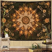 baratos Tapeçarias de Parede-Tapeçaria de parede mandala boêmia em tons de laranja queimado, com intrincado medalhão floral, arte étnica tribal boho para decoração de casa, sala de estar, quarto ou escritório.