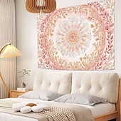 baratos Tapeçarias de Parede-tapeçaria de parede com mandala floral em tons pastel de rosa aquarela, estilo boho romântico, com guirlanda de flores pêssego, ideal para decoração de quarto ou dormitório feminino.