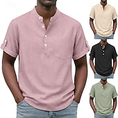 cheap Men's Popover Shirts-Men's Shirt Popover Shirt Casual Shirt Button Up Shirt Light Pink Black Yellow Light Green Pink Short Sleeve Plain Grandad Collar Casual Daily Clothing Apparel Elegant Fashion Casual