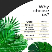 levne Umělé rostliny a zeleň-108 kusů palmových listů, umělých tropických monster - 6 druhů, velkých, malých, zelených, umělých palmových listů se stonky pro safari, džungli, havajskou luau, párty, dekoraci stolu, svatební,