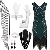 economico Abiti degli anni '20-Set Anni Ruggenti Anni 1920 Lunghezza al ginocchio Vestito Abito Flapper Abiti con accessori Senza maniche Il grande Gatsby Charleston Taglie Forti Frangia con nappe Scollo a V Costume Per donna