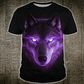 economico Magliette con stampa animale-Maglietta da uomo con occhi luminosi al neon, volto di lupo alfa, stile cyberpunk fantasy, stampa all-over, vestibilità regolare, maniche corte, girocollo, abbigliamento casual streetwear, taglie S,
