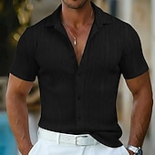 cheap Men's Button Up Shirts-Men's Shirt Summer Shirt Casual Shirt Button Up Shirt Jacquard Shirt Blue Black White Green Short Sleeve Lines / Waves Textured Collar Casual Daily Jacquard Clothing Apparel Fashion Casual Comfortable