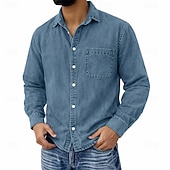 cheap Men's Button Up Shirts-Men's Shirt Casual Shirt Vintage Shirt Button Up Shirt 100% Cotton Acid Wash Shirt Blue Black Light Green Wine Navy Blue Long Sleeve Plain Lapel Streetwear Going out Pocket Clothing Apparel Cotton