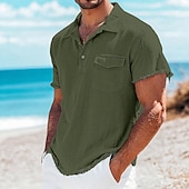 billiga Bomull och linne T-shirts-Herr T-tröja Linne T-shirt Kort ärm Polokrage Sommar Slät Mode Designer Grundläggande Ficka Mjukt Rå kant Strand Semester Ledigt / vardag Blå Vit Rodnande Rosa Topp t-shirt för män