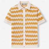 economico camicia da uomo con bottoni-Per uomo Camicia casual Camicia con Bottoni Camicia Jacquard Giallo Blu Marrone Manica Corta Semplice Colletto a Camicia Casuale Quotidiano Traforato Abbigliamento Moda Casual