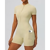 economico Set e Tutine-Per donna Tute da allenamento Tutina Tasca Cerniera Frontale Tinta unica Body Estate Primavera Autunno Bianco latte Nero Corsa Fitness Yoga Sollevamento glutei Asciugatura Rapida Elastico Manica Corta