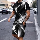 billige T-skjorter med trykk for menn-Herre Geometrisk Linje 2stk T-skjorter sett Sommertopper Kortermet Korte bukser Crew-hals Sport Fritid trendy Daglig Feriereise Ut på byen 3D-utskrift Sommer Blå Hvit Lilla