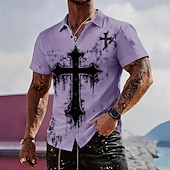 preiswerte Vintage Hemd-Herren Kreuz Religion Hemd Freizeithemd Knopfhemd Langarm Vintage-Retro Streetwear Urlaub Sommer Frühling Umlegekragen 3D-Druck Hemden mit Kragen Blau Weiß Purpur Khaki