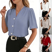 cheap Plain Blouses-Women's Shirt Dress Shirt Button Up Shirt Ruched Buttons Solid Color Elegant Fashion Daily Short Sleeve V Neck Regular Tops Streetwear Office Work Blue Black White Red Apricot Summer Spring
