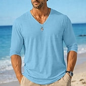 お買い得  コットンリネンTシャツ-男性用 ティートップ 長袖シャツ リネンTシャツ 長袖 Ｖネック 夏 春 春夏 純色 平織り 日常 カジュアル ストリートスタイル 平織り カジュアル アウトドア ストリート ライトブルー レイクブルー ブラック メンズトップTシャツ