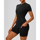economico Set e Tutine-Per donna Tute da allenamento Tutina Tasca Cerniera Frontale Tinta unica Body Estate Primavera Autunno Bianco latte Nero Corsa Fitness Yoga Sollevamento glutei Asciugatura Rapida Elastico Manica Corta