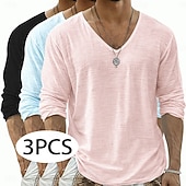 economico T-shirt in Cotone e Lino-Per uomo Maglietta Maglietta in lino Manica Lunga Scollo a V Primavera &amp; Estate Estate Primavera Tinta unica Semplice Quotidiano Casual Stile da Strada 3 pezzi Puro Confezione multipla Casuale