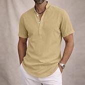 economico Classico-Per uomo Camicia Camicia di lino Camicia popover Camicia Estiva Abbigliamento da spiaggia Camicia con colletto alla coreana Semplice Casuale Quotidiano Blu Nero Bianco Giallo Manica Corta Collo alla
