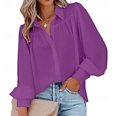 baratos Blusas Simples-Mulheres Camisa Social Camisa casual camisa de botão Blusa Franzido Botões Côr Sólida Tecido Elegante Férias Moda Manga Longa Manga lanterna Aberto para a Lateral Tops regulares Diário Praia Feriado