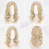 お買い得  トレンドの合成ウィッグ-ショートウェーブブロンドウィッグ - 肩までの長さのウェーブブロンドウィッグ（女性用） - 顔周りを縁取るカーテンバング付きの、柔らかく自然な見た目の合成繊維を使用した、ゆるやかなウェーブのレイヤードショートウィッグ（デイリーパーティー用）