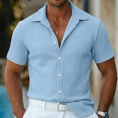 cheap Men's Button Up Shirts-Men's Shirt Waffle Shirt Texture Casual Shirt Button Up Shirt Blue Black White Pink khaki Short Sleeve Plain Lapel Casual Daily Clothing Apparel Fashion Modern Casual Comfortable