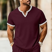 お買い得  ベーシックTシャツ-男性用 ワッフルTシャツ Tシャツ 半袖シャツ ティートップ 半袖 Ｖネック 夏 春 純色 ストリートファッション スタイリッシュ カジュアル パッチワーク 日常 アウトドア ストリートウェア ワイン メンズトップTシャツ