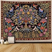 billige Veggoppheng-Livets tre folkekunst veggteppe bohemsk etnisk fugler og blomster natur landskap svart bakgrunn åndelig hjemdekor stue soverom bakgrunn innendørs veggmaleri