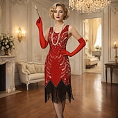 economico Abiti degli anni '20-Set Anni Ruggenti Anni 1920 Lunghezza al ginocchio Vestito Abito Flapper Abiti con accessori Senza maniche Il grande Gatsby Charleston Taglie Forti Frangia con nappe Scollo a V Costume Per donna