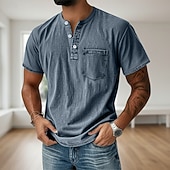 cheap Casual Henley Tee-Men's Henley Shirt 100% Cotton Acid Wash Shirt T shirt Tee Short Sleeve Solid Retro Vintage Casual Vintage Style Washed Henley Casual Summer Spring Fall Black Pink Light Green Henley T-Shirt