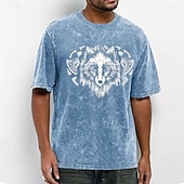  Men's Detailed Wolf Head Viking Axes Shield Emblem Acid Wash Vintage Streetwear T Shirt Graphic Short Sleeve Crew Neck Casual Daily Wear Designer Clothing Apparel S M L XL XXL XXXL