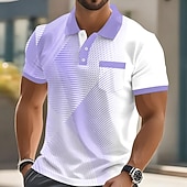 billiga Geometrisk pikétröja för män-Herr Geometrisk Pikétröjor Kortärmad Polotröjor Skjortor med krage Business Casual Utomhus Fritids- Dagliga kläder 3D-utskrift Knappar Vår &amp; sommar Blå Purpur Brun