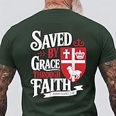 abordables T-shirts de foi-T-shirt religieux chrétien à manches courtes, coupe standard, idéal pour un homme, avec le message « Sauvés par la grâce au moyen de la foi » (Éphésiens 2:8). Motif : bouclier rouge, croix, couronne,
