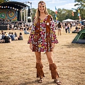 preiswerte Outfits-Set Retro Vintage 1970er Kleid Kopfschmuck Zubehör langarm Hippie Disco Fransen Blumen Kostüm Damen Halloween Karneval Musikfestival Retro-Mottoparty Erwachsene Kleid Kopfschmuck Weitere Accessoires