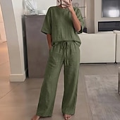 abordables Ropa para estar en casa para mujeres-Conjuntos de lino para mujer, 15 % lino, mezcla de lino, conjuntos de dos piezas, color liso básico, bolsillo, cintura elástica, camiseta, pantalón, calle, diario, manga larga, cuello redondo, negro, blanco, azul marino, marrón claro, azul, verano, primav