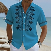 baratos Padrão étnico-Men's Geometric Pattern Ethnic Shirt Button Up Shirt Short Sleeve Vintage Retro Daily Outdoor Vacation Summer Spring Turndown 3D Print Linen Like Shirt Blue Yellow Sky Blue Purple Khaki
