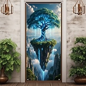cheap Garage &amp; Door Banners-Fantasy Tree of Life Golden Tree Floating Island Full Moon Starry Night Door Banner Wall Tapestry Magical Landscape Home Decor Front Door Decoration Entryway Decor Indoor Outdoor