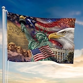 abordables 250e Anniversaire-Drapeau patriotique américain commémorant le 250e anniversaire des États-Unis, orné de la Statue de la Liberté, d'un aigle à tête blanche, du Mont Rushmore et de la Maison Blanche. Idéal pour une exposition intérieure et extérieure.