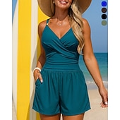 Недорогие Рашгард One Pieces-Жен. Купальный костюм Один Пис Купальник с высокой талией и сборками Однотонный Эластичный Без рукавов Купальники Серфинг Для погружения с трубкой Плавание Лето