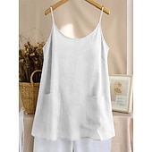 baratos Blusas Simples-Regata feminina com bolso, lisa, moderna, elegante, clássica, sem mangas, gola redonda, ideal para uso diário, passeios e fins de semana. Cores: azul, preta, branca, amarela, rosa. Verão e primavera.