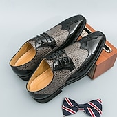 levne Brogue boty-Pánské červeno-černé oxfordské boty s krokodýlím vzorem, šněrovací lakované kožené společenské boty, módní společenská obuv na svatby, bankety, večírky, maturitní plesy, divadelní vystoupení a výrazné večerní nošení.