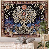 ieftine Tapiserie Pereți-Tapiserie de perete boemă cu arborele vieții, artă populară, mandala, soare, lună, stele, grădină, model etnic floral, suspendată pentru sufragerie, dormitor, decor de cămin, fundal de artă de perete