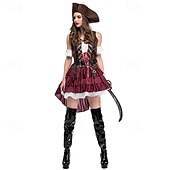 baratos Conjuntos-Conjunto Medieval Renascentista Vestidos Chapéus Cinto com acessórios Pirata Fantasia Mulheres Pirata Dia Das Bruxas Carnaval Baile de Máscaras feira renascentista Festa Temática Retro Adulto Vestido