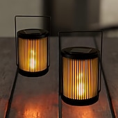 abordables Luces de camino y linternas-2 linternas solares de hierro para exteriores con forma de llama, resistentes al agua IP65, portátiles. &amp;Lámparas LED colgantes para jardín, patio, valla, escalera, escalones, césped, camino, villa,