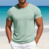 preiswerte Baumwoll-Leinen T-Shirts-Herren T-Shirt T-Shirt aus 100 % Baumwolle Kurze Ärmel Rundhalsausschnitt Sommer Frühling &amp; Herbst Einfach Texture Mode Designer Basic Klassicher Stil Lässig Urlaub Straße Blau Schwarz Weiß Top