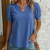 billiga Kostymblusar-Dam Skjorta Pointelle-skjorta Ögonlock Blus Ögla Slät Stylish Klassisk Modern Kortärmad V-hals Vanliga toppar Ledigt Dagligen Strand Vit Vin Marinblå Ros rosa Sommar Vår