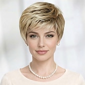 baratos peruca mais velha-Peruca curta e elegante para mulheres - corte pixie loiro suave com camadas delicadas