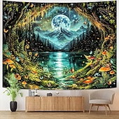 economico Arazzi da parete-magico cielo notturno luna paesaggio montano arazzo fungo luminoso farfalla foresta lago decorazione murale psichedelica fantasy casa camera da letto soggiorno sfondo