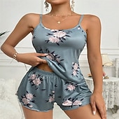 cheap Women's Nightgowns &amp; Sleepshirts-Women's Loungewear Pajama Set Fashion Simple Casual Floral Patchwork Elastic Waist Shorts Home Vacation Sleeveless Straps Lake blue Summer Spring Regular Fit