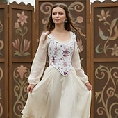billige Topper-Kostymer i middelalderstil Renessanse Cottagecore Korsett Bodice Viking Bonde Blondér Blomstret Kostyme Dame Keltisk fantasi Halloween Karneval Ytelse LARP Ren Faire Voksne Korsett