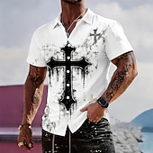 preiswerte Vintage Hemd-Herren Kreuz Religion Hemd Freizeithemd Knopfhemd Langarm Vintage-Retro Streetwear Urlaub Sommer Frühling Umlegekragen 3D-Druck Hemden mit Kragen Blau Weiß Purpur Khaki